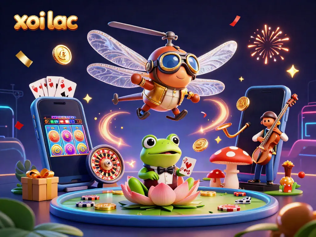 Xoi lac casino scene with a dragonfly pilot, frog dealer, and musicians amid slot games and festive decor.