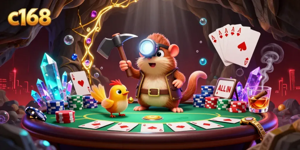 Experience thrilling poker action with c168, featuring a treasure hunter mole and poker elements.