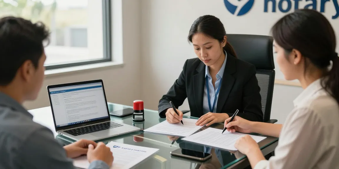 Notary near me service with a professional notary public assisting a client in a modern office.