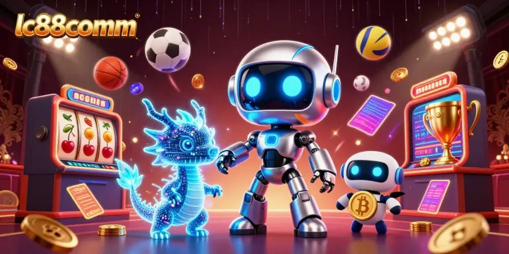 Engage in thrilling gaming action at lc88comm with vibrant casino scenes and interactive mascots.