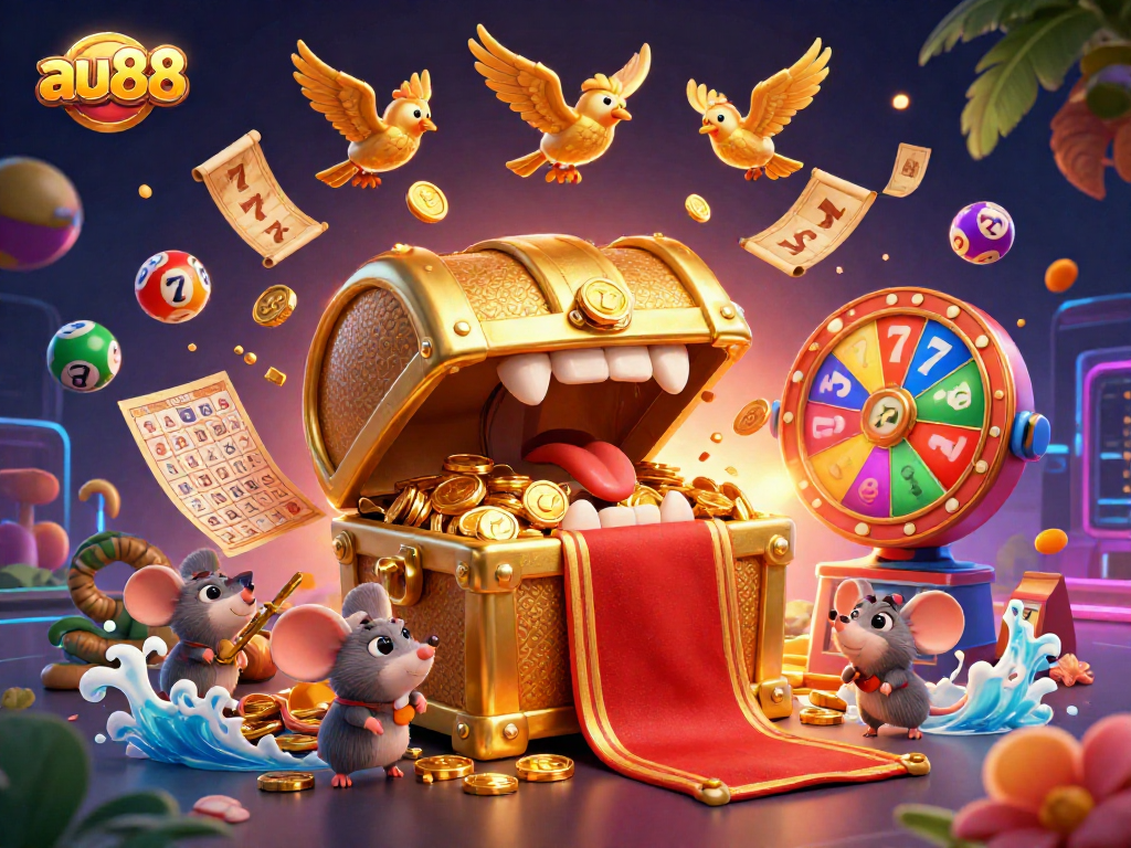 Experience the thrill of au88 with a treasure chest and vibrant lottery elements in an exciting casino scene.