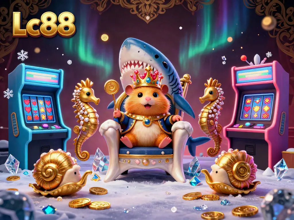 Experience the vibrant Lc88 casino scene featuring a golden hamster king on a megalodon throne surrounded by colorful gaming elements.