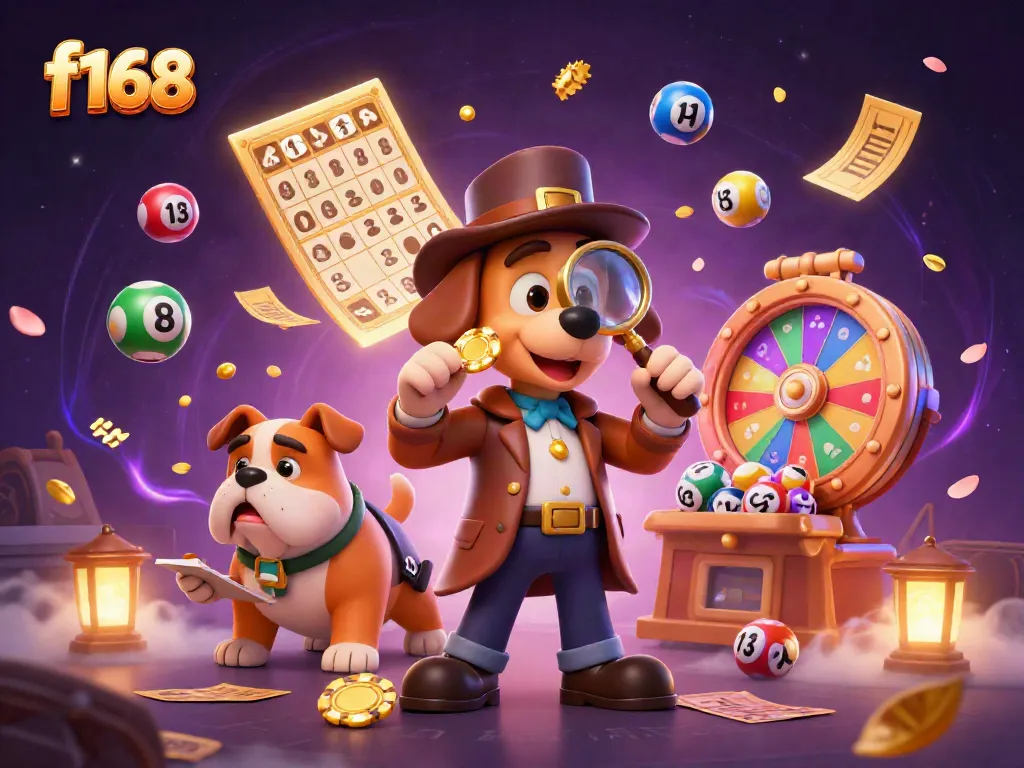 Engaging f168 scene with detective dog inspecting poker chips and colorful lottery elements around.