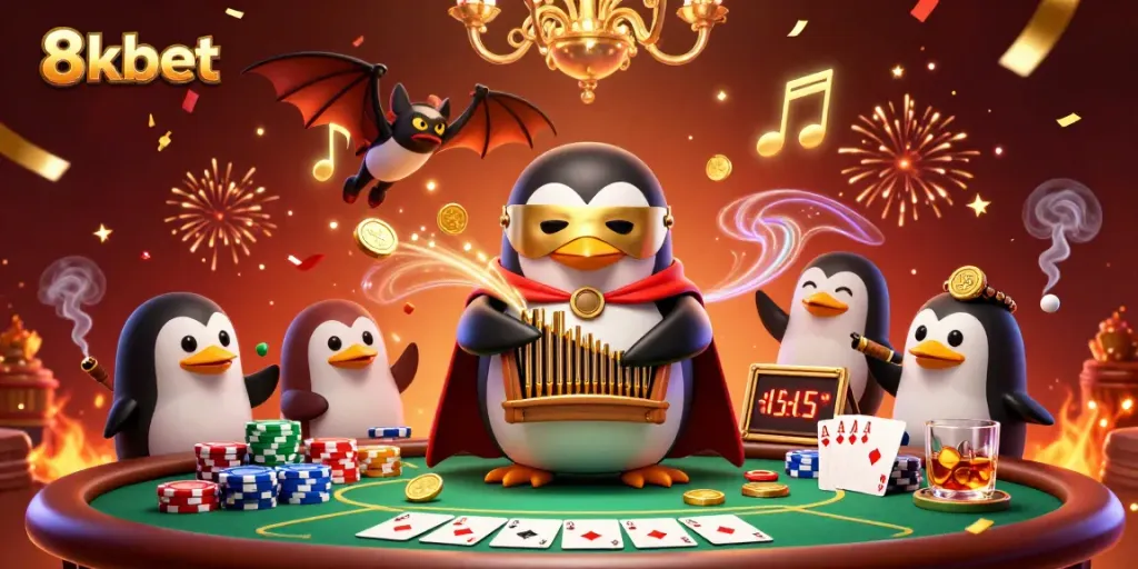 8xbet cartoon penguin playing an organ amidst poker elements, celebrating with vibrant confetti.
