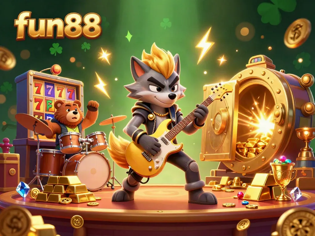 Experience fun88 with a lively casino scene featuring rock star wolf and drummer bear surrounded by slot reels and treasure.