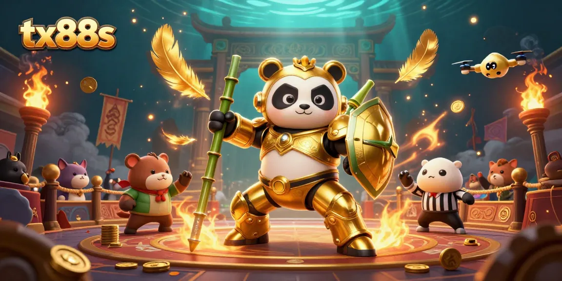 Engage with tx88s in a vibrant casino battle scene featuring a mech-suit panda.