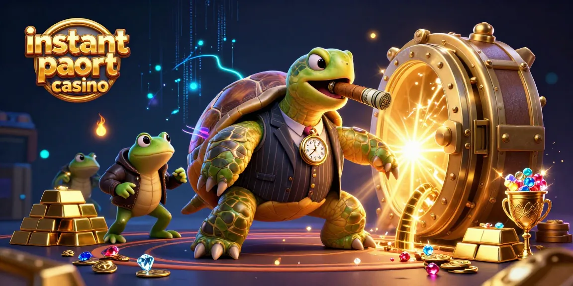 Experience thrilling wins at instant payout casino with animated turtle and bullfrog, rich in visual detail.