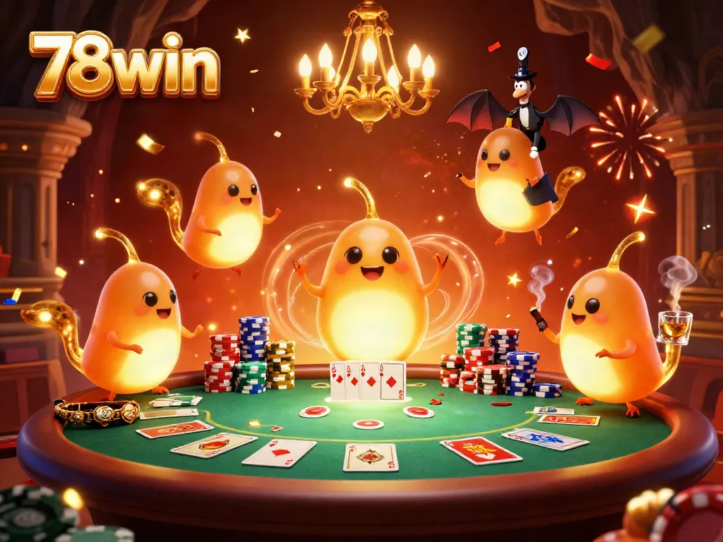Experience the thrill of 78win with glowing glowworms lighting up a lively casino scene.