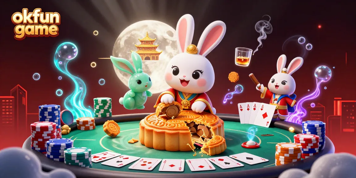 Experience the excitement of the okfun game with vibrant moon-themed illustrations and classic poker elements.