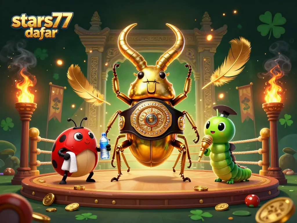 Ilustrasi menampilkan karakter bintang dalam pertempuran bertema stars77 daftar, dengan elemen kasino dan efek api.