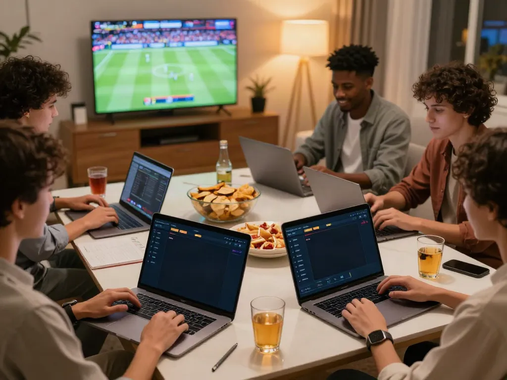 Friends enjoying live sports betting on https://ta88.network/ in a lively home setting.