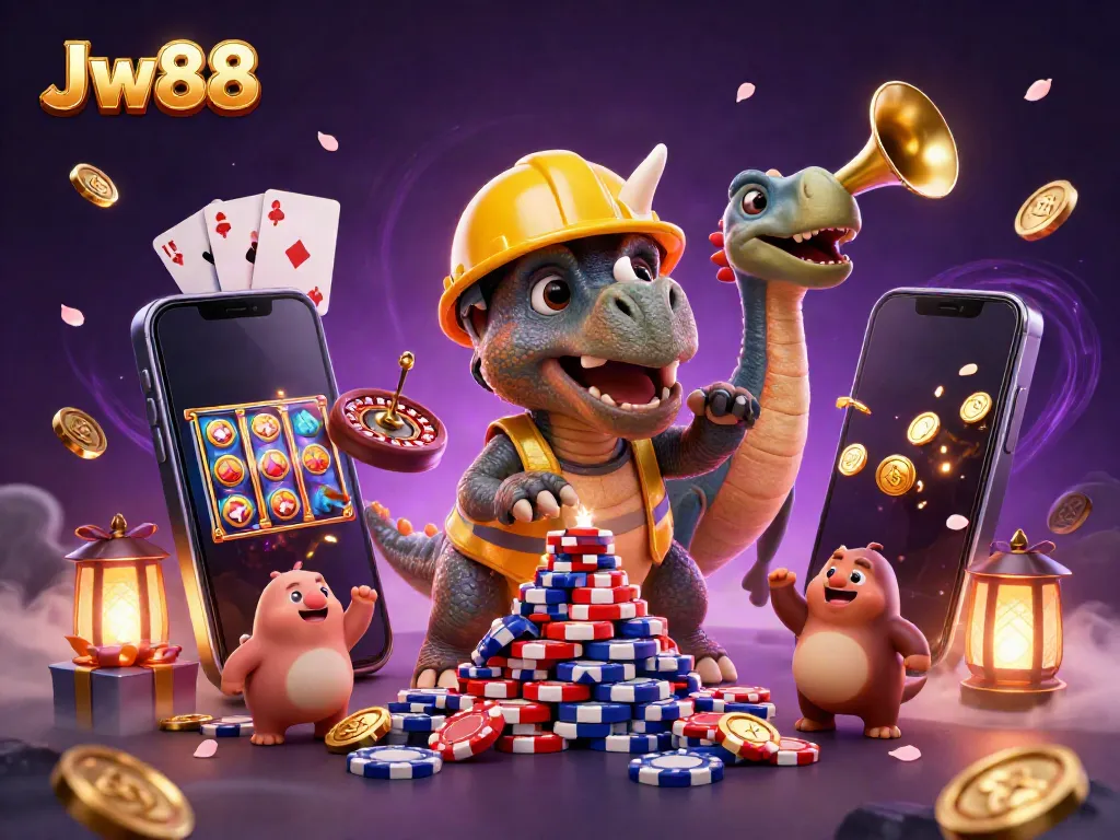 Join the fun with Jw88 in a vibrant 3D casino scene featuring cartoon dinosaurs and exciting gaming elements!