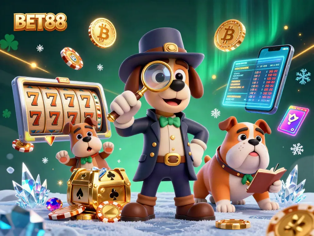 BET88 thám tử 3D đang điều tra chip poker vàng giữa slot máy và tiền điện tử.