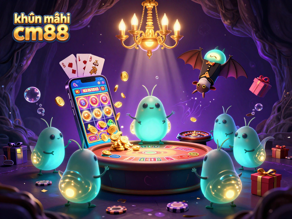 Experience engaging khuyến mãi cm88 with glowworms lighting a vibrant cave casino filled with slot games and glowing elements.