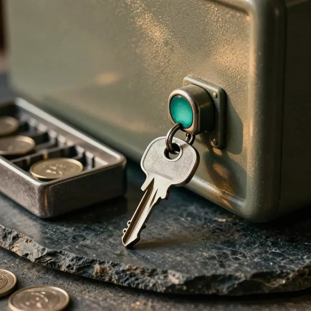Steel key, coin tray, paperweight, and closed lockbox latch on dark stone