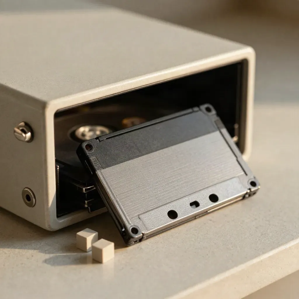 Archive tape cartridge and recovery drive shell on pale stone, side-lit with dark bokeh and soft haze.