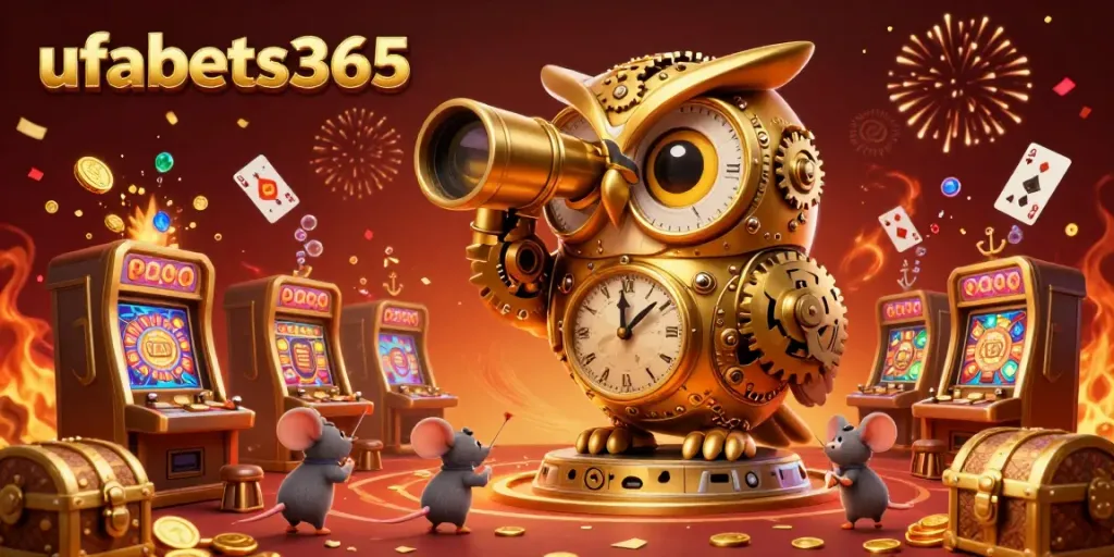 Experience unforgettable moments at ufabets365 with a captivating golden owl ruling over a vibrant casino filled with treasures.
