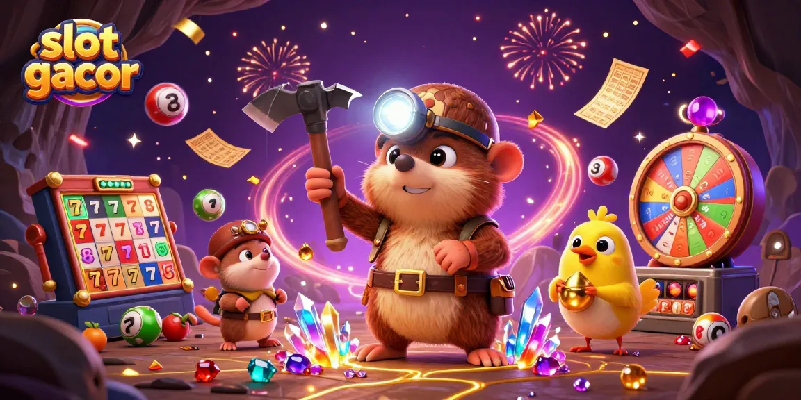 Gali kemenangan dengan slot gacor dan mesin slot yang menarik, simbol buah berkilauan di latar belakang.