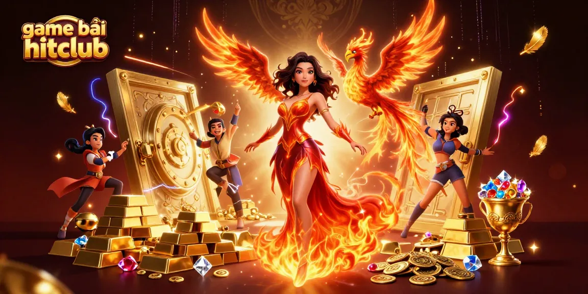 A vibrant scene showcasing game bài hitclub with a stunning Asian woman and fiery phoenix, surrounded by treasure and casino elements.