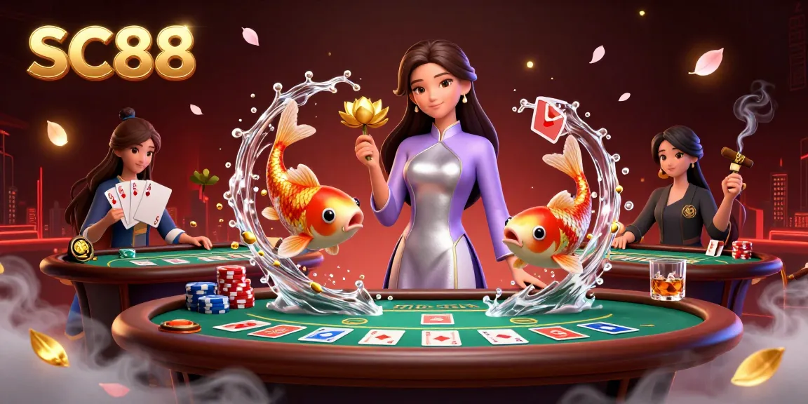 Engage with SC88 in a vibrant casino scene showcasing a semi-realistic Asian woman, poker elements, and enchanting details.