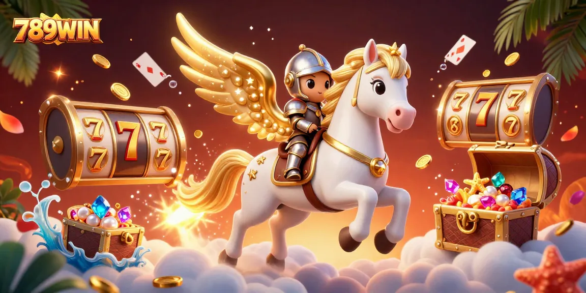 Experience the excitement of 789WIN with a 3D cartoon scene featuring a magical horse and thrilling gaming elements.