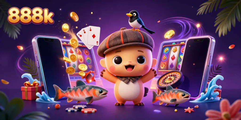 Engage in thrilling slot action with 888k in a vibrant 3D casino illustration.