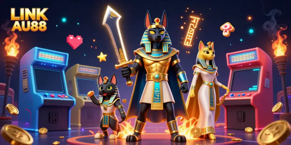 Experience thrilling gaming with LINK AU88's vibrant 3D illustration featuring Anubis and Bastet.
