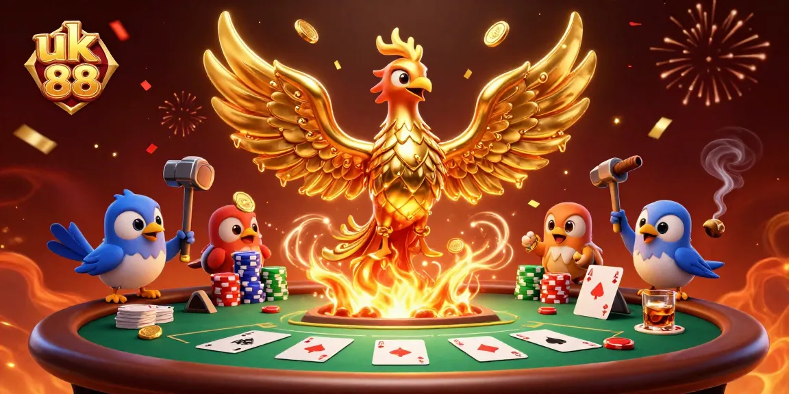 Engage in thrilling gameplay at uk 88 with a captivating phoenix illustration showcasing poker elements.