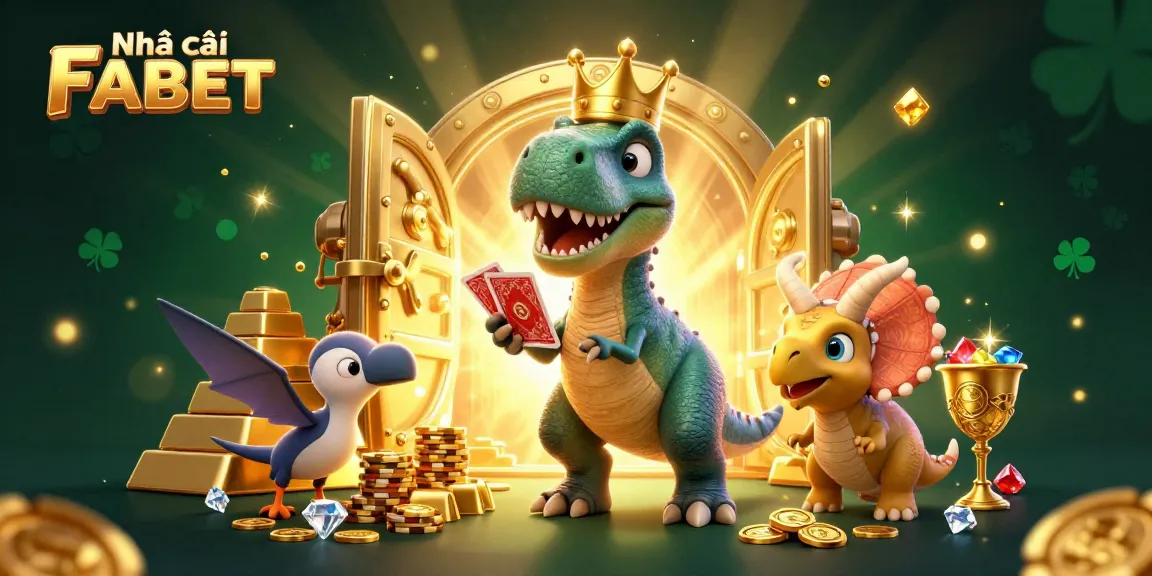 Experience gambling excitement with Nhà cái FABET in a vibrant 3D illustration featuring playful dinosaurs.
