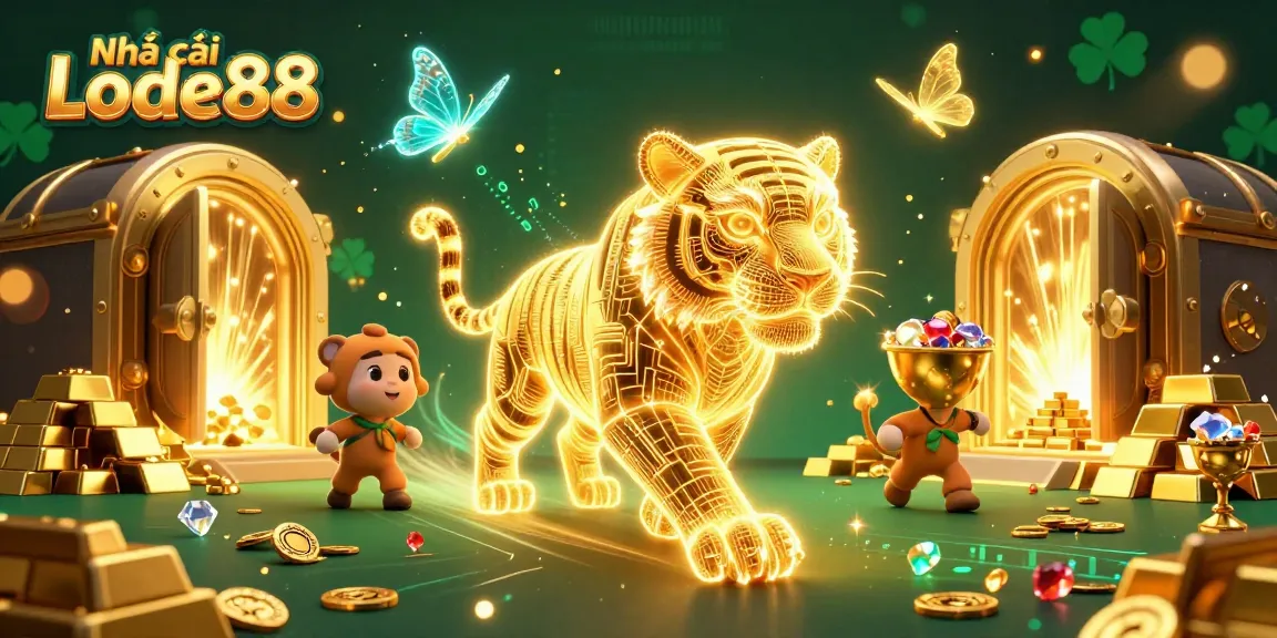 Engage with Nhà cái Lode88 in a vibrant, digital casino scene featuring rich gold and gem treasures.