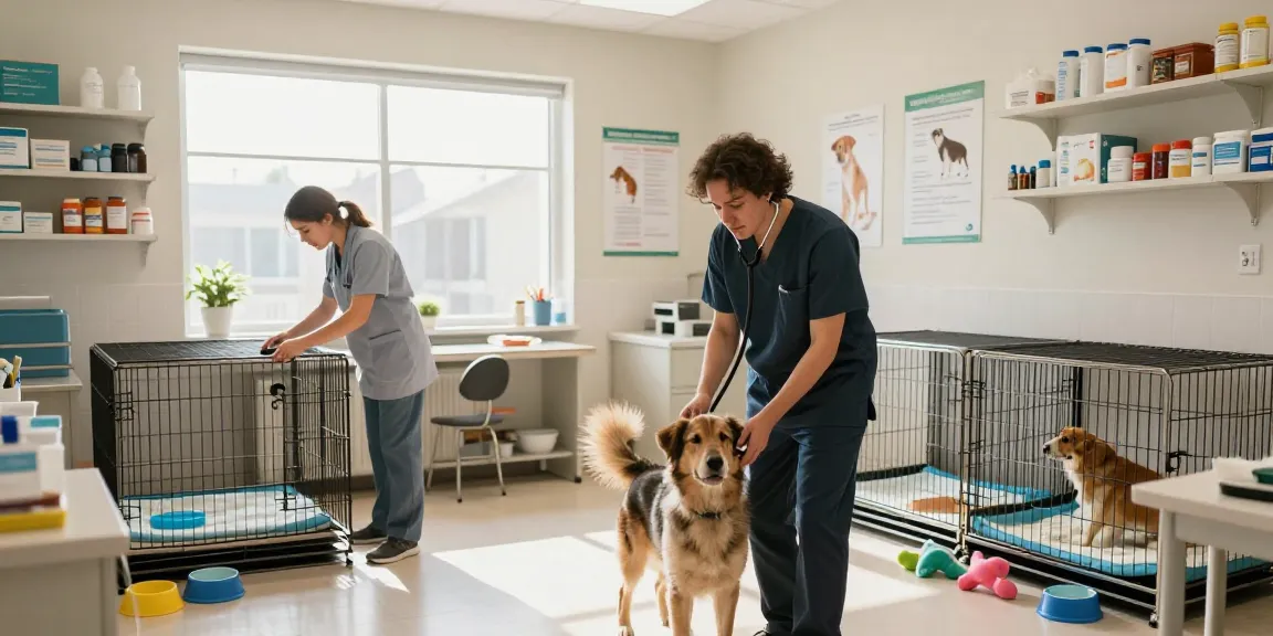 Veterinary Cages in a veterinary clinic, showcasing a caring vet examining a dog with well-stocked medical supplies.