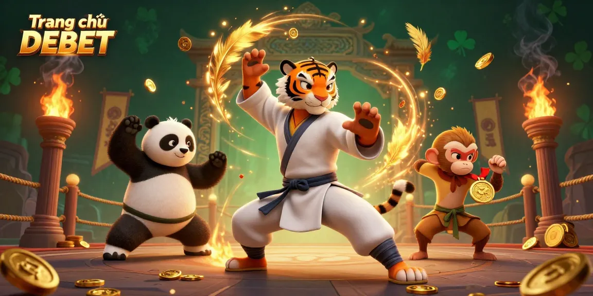 Experience thrilling action at Trang chủ DEBET with a dynamic illustration of a kung fu tiger and playful characters.