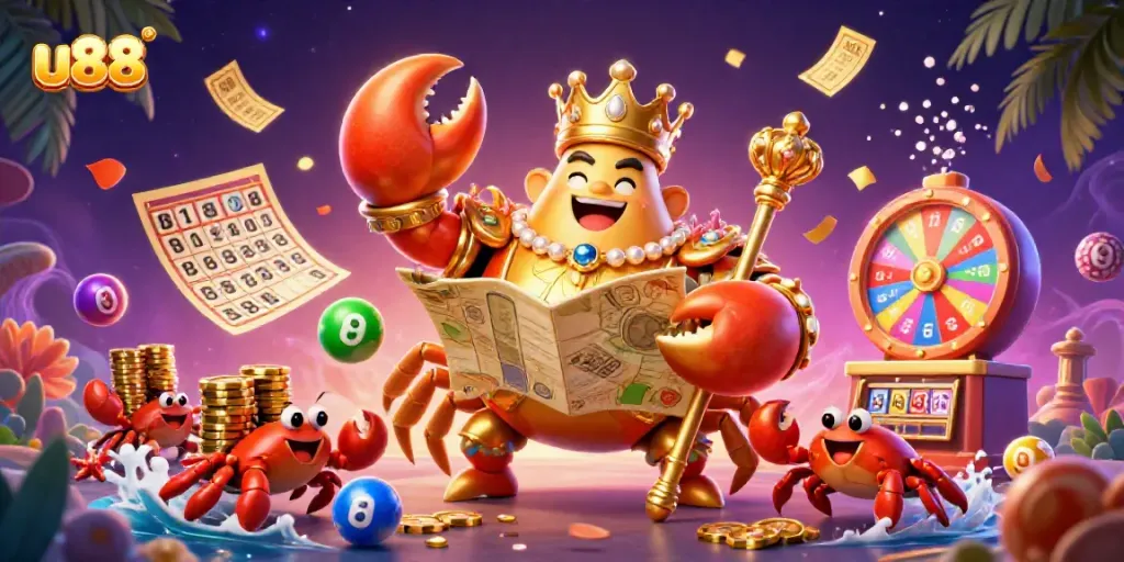 Engage in thrilling gameplay at u88 with a lavish 3D casino illustration featuring a golden crab emperor and colorful game elements.