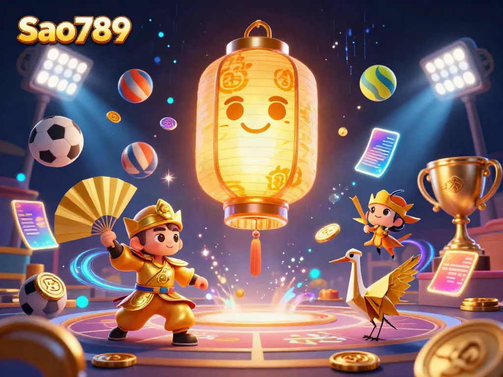 Sao789 floating casino scene with golden lantern spirit, sports balls, and vibrant energy.