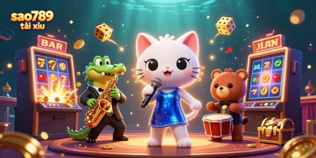 Engage with sao789 tài xỉu, featuring a lively casino scene with vibrant characters and elements.
