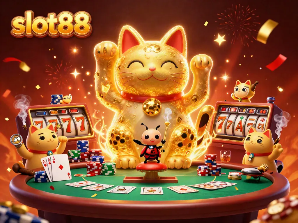 Experience the vibrant play at slot88 with golden fireflies forming a lucky cat, surrounded by captivating casino elements.
