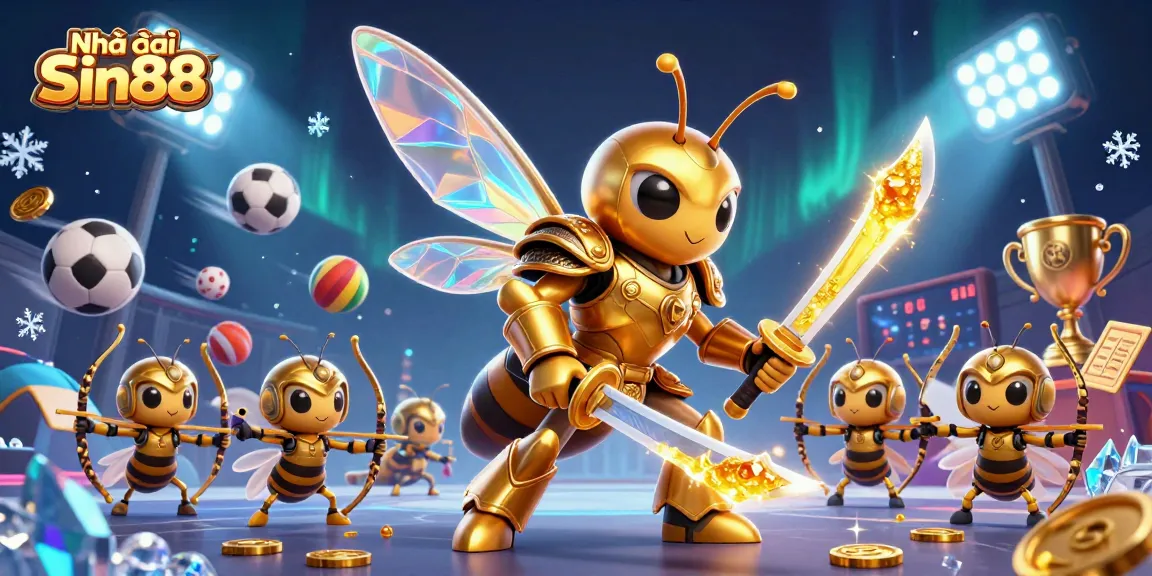 Engage with Nhà cái Sin88's dynamic sports betting illustrated scene featuring a cartoon samurai hornet.