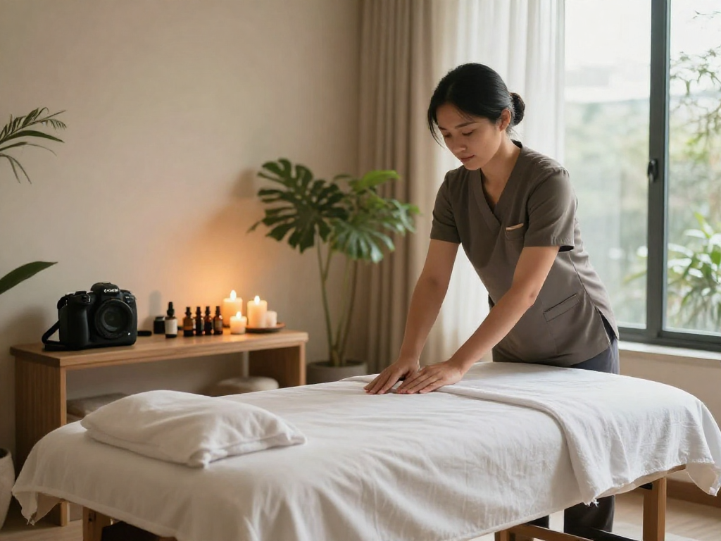 오산출장안마 premium home massage therapist creating a serene atmosphere with soothing decor and calming scents.