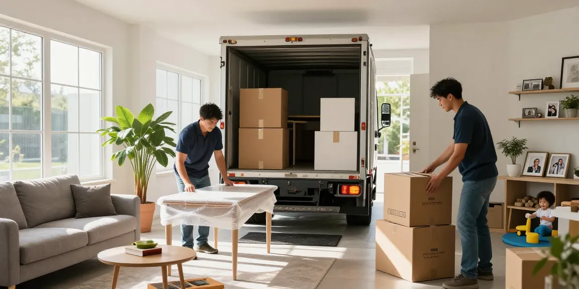 Professional apartments movers packaging items with care in a bright living room, ensuring a stress-free relocation.