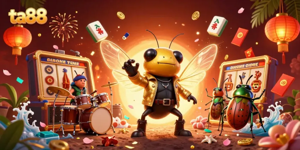 Experience the excitement of ta88 with a vibrant illustration of a cicada rock star and engaging gambling elements.