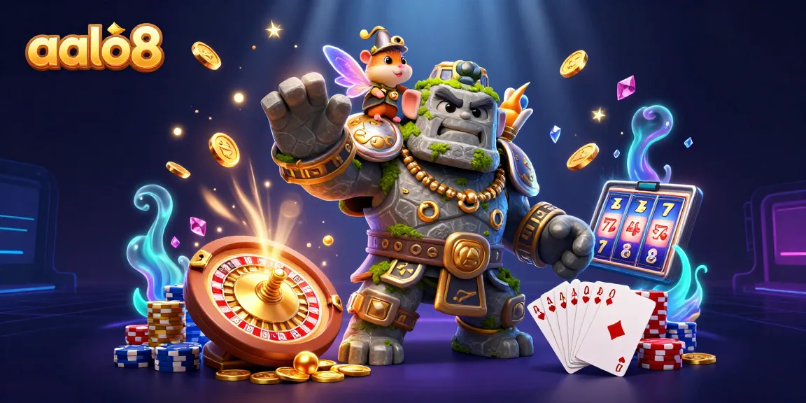 Experience thrilling gaming with aalo8's vibrant casino scene featuring lively characters and dynamic elements.