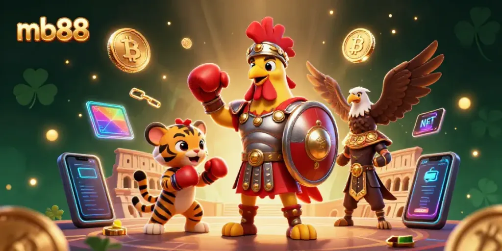 Engage in thrilling bets at mb88 with a dynamic casino-themed illustration showcasing a gladiator rooster, tiger cub, and eagle amidst crypto elements.