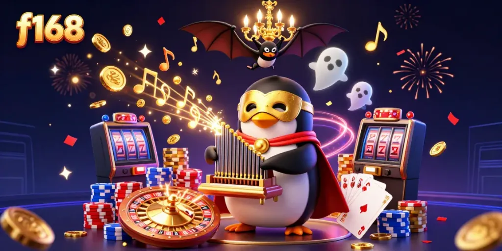 Experience excitement at f168 with a penguin playing an organ shooting coins, bat acrobat, and casino elements.
