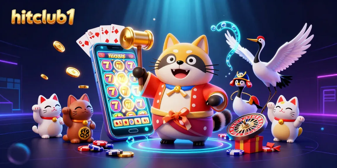 Spin and win big with hitclub1’s vibrant 3D casino illustration featuring lucky tanuki and engaging game elements.