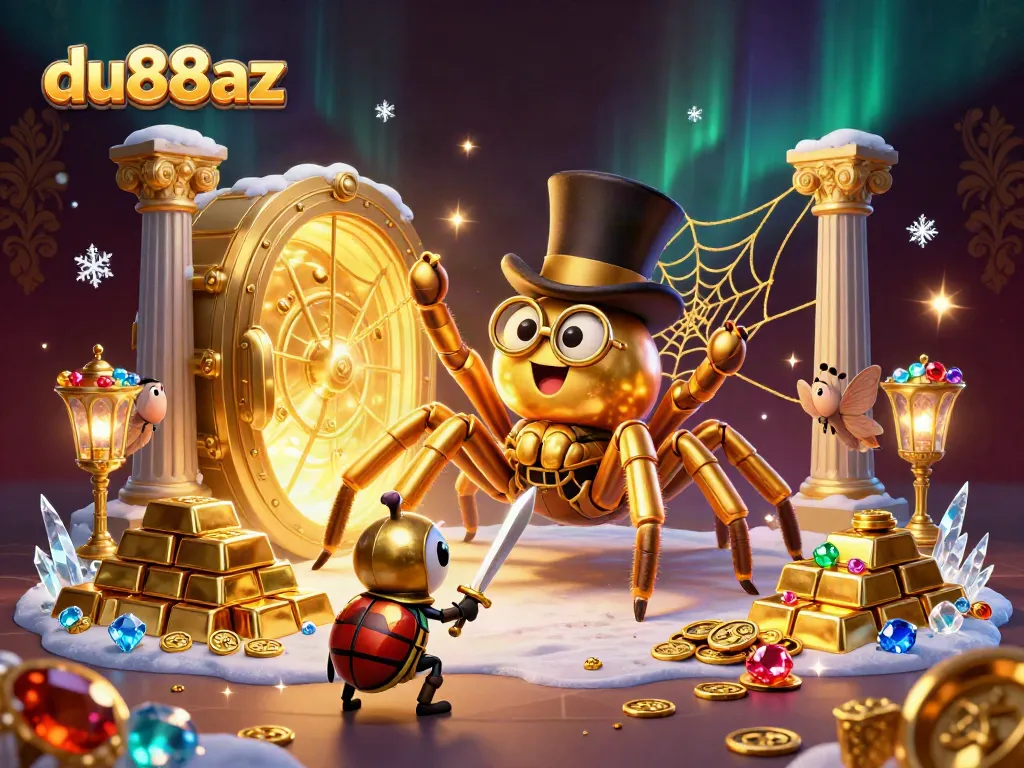 Engage with thrilling moments at du88az, where a giant golden tarantula and beetle knight navigate a vibrant casino world.