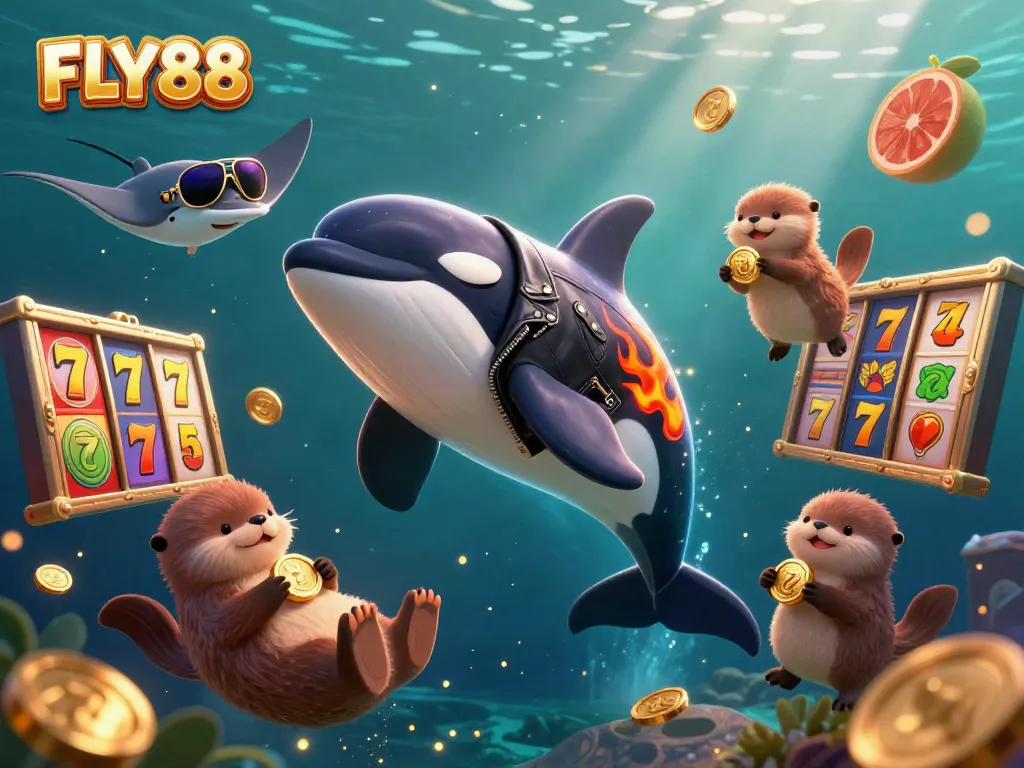 FLY88 features an engaging, colorful scene with animated marine characters surrounding slot machine elements, emphasizing fun.