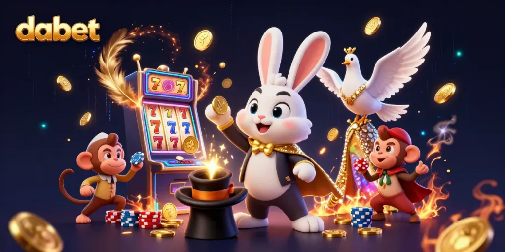 Dabet offers thrilling gaming experiences with a magician rabbit and vibrant characters in a dynamic casino scene.