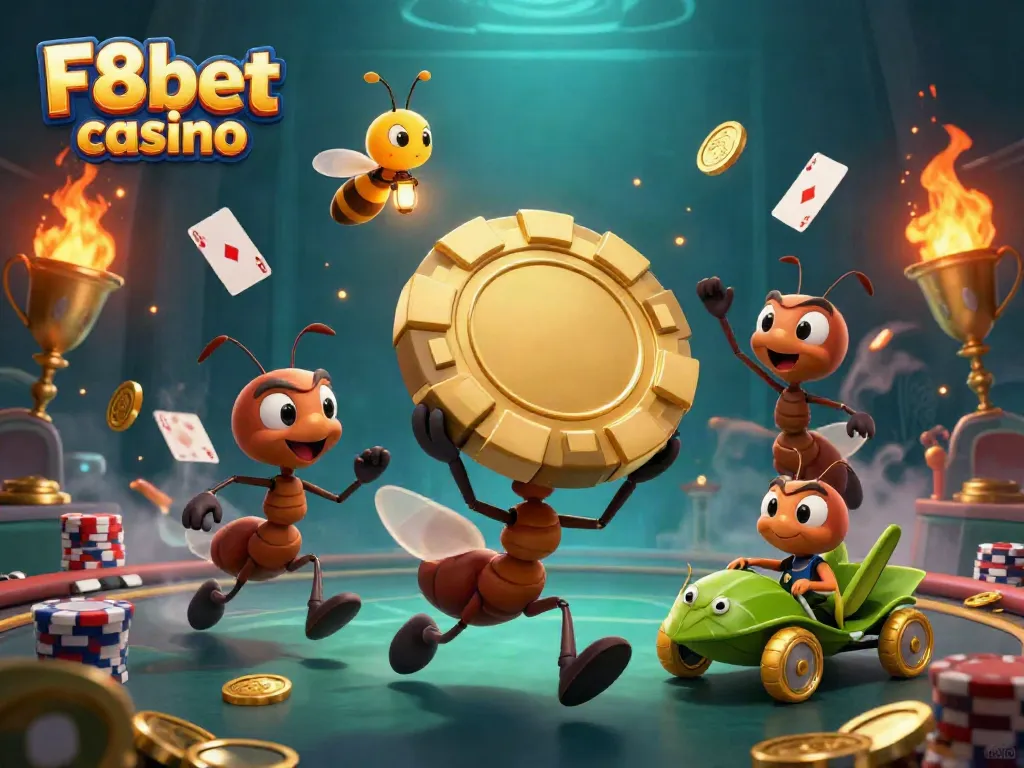 Ants orchestrating a heist for a golden poker chip in a vibrant F8bet casino scene.