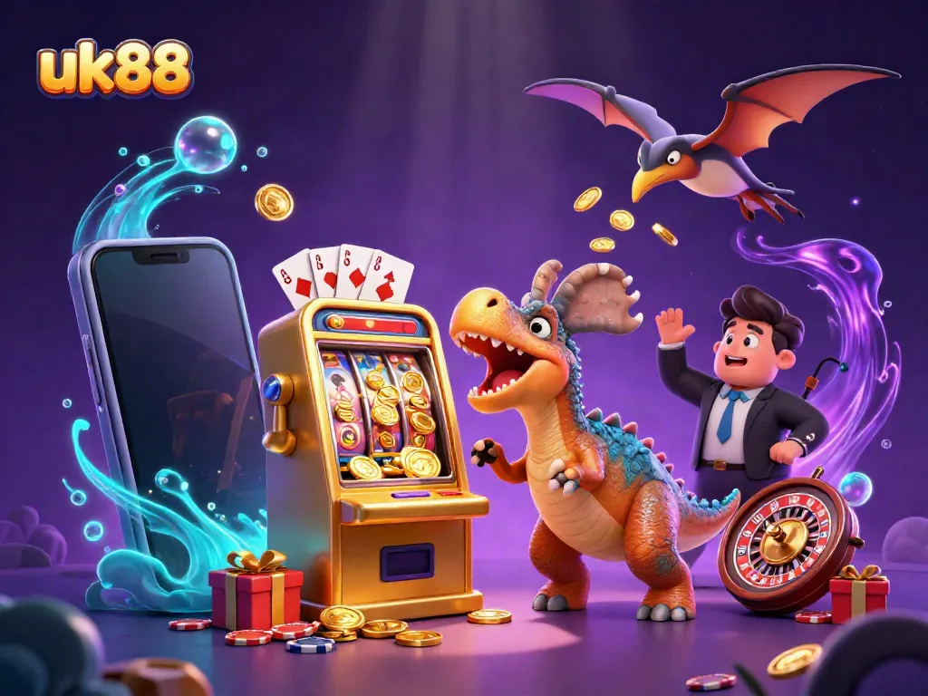 uk88's vibrant 3D casino scene with characters celebrating jackpot wins amidst dynamic gambling elements.