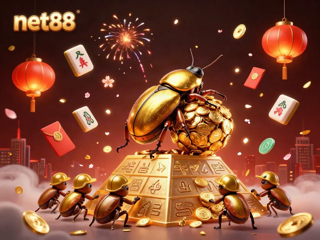 Bet on exciting games at net88 with a golden beetle scene showcasing casino elements and rich details.